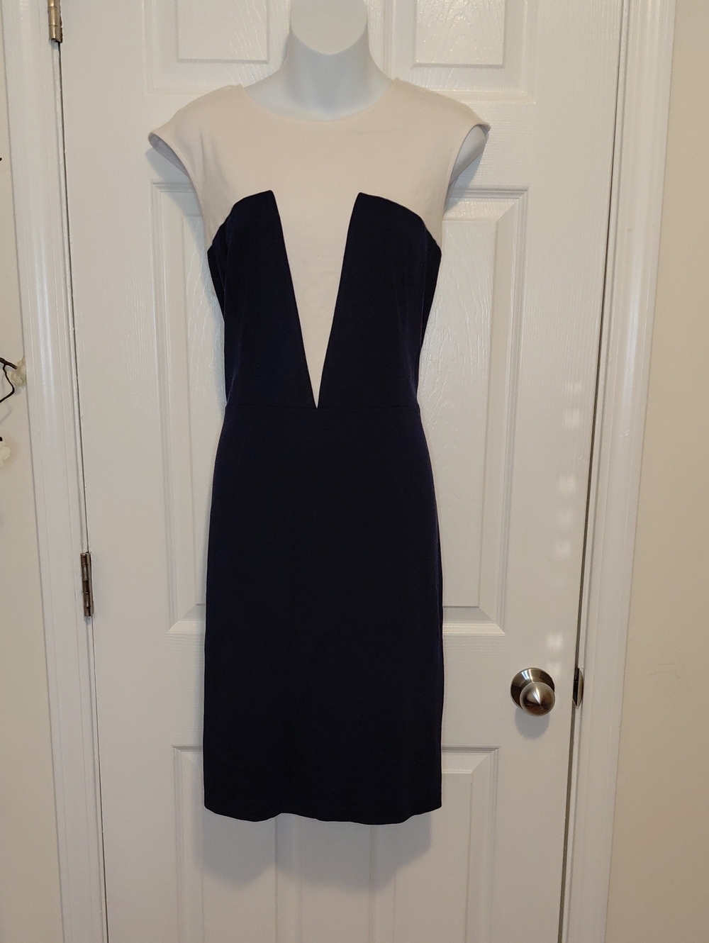 VENUS Navy and White Cap-Sleeve Sheath Dress